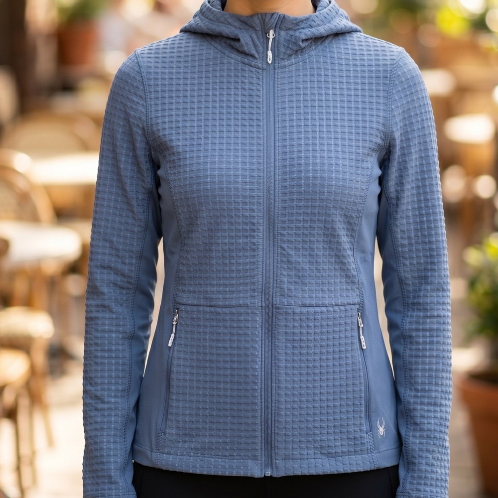 Spyder Active Womens Waffle Grid Full Zip Hoodie Blue Grey SP869 Athletic Jacket